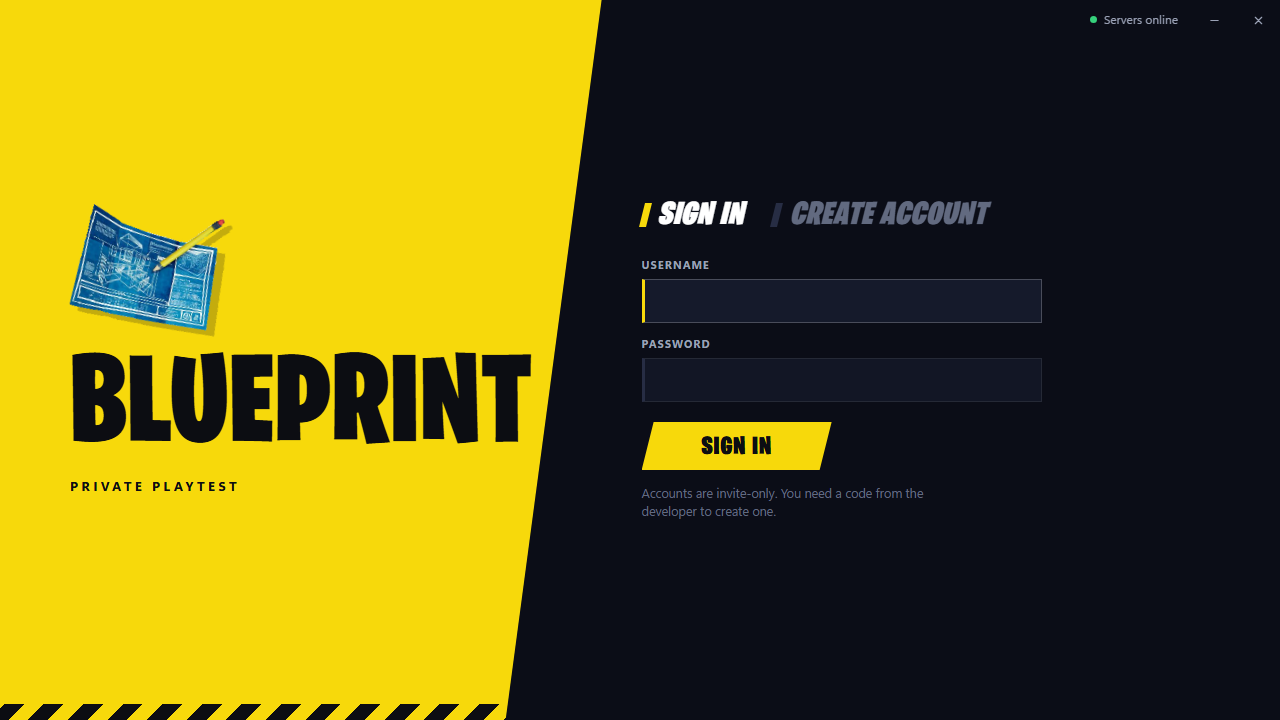 The launcher sign-in screen: a yellow Blueprint panel on the left and a username and password form on the right.