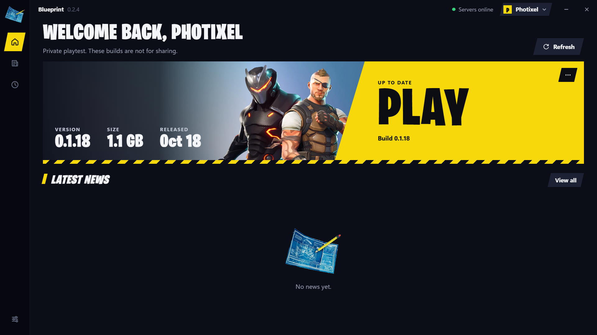 The Blueprint launcher home screen: servers online, a big yellow Play slab next to build 0.1.18 (1.1 GB, released Oct 18).